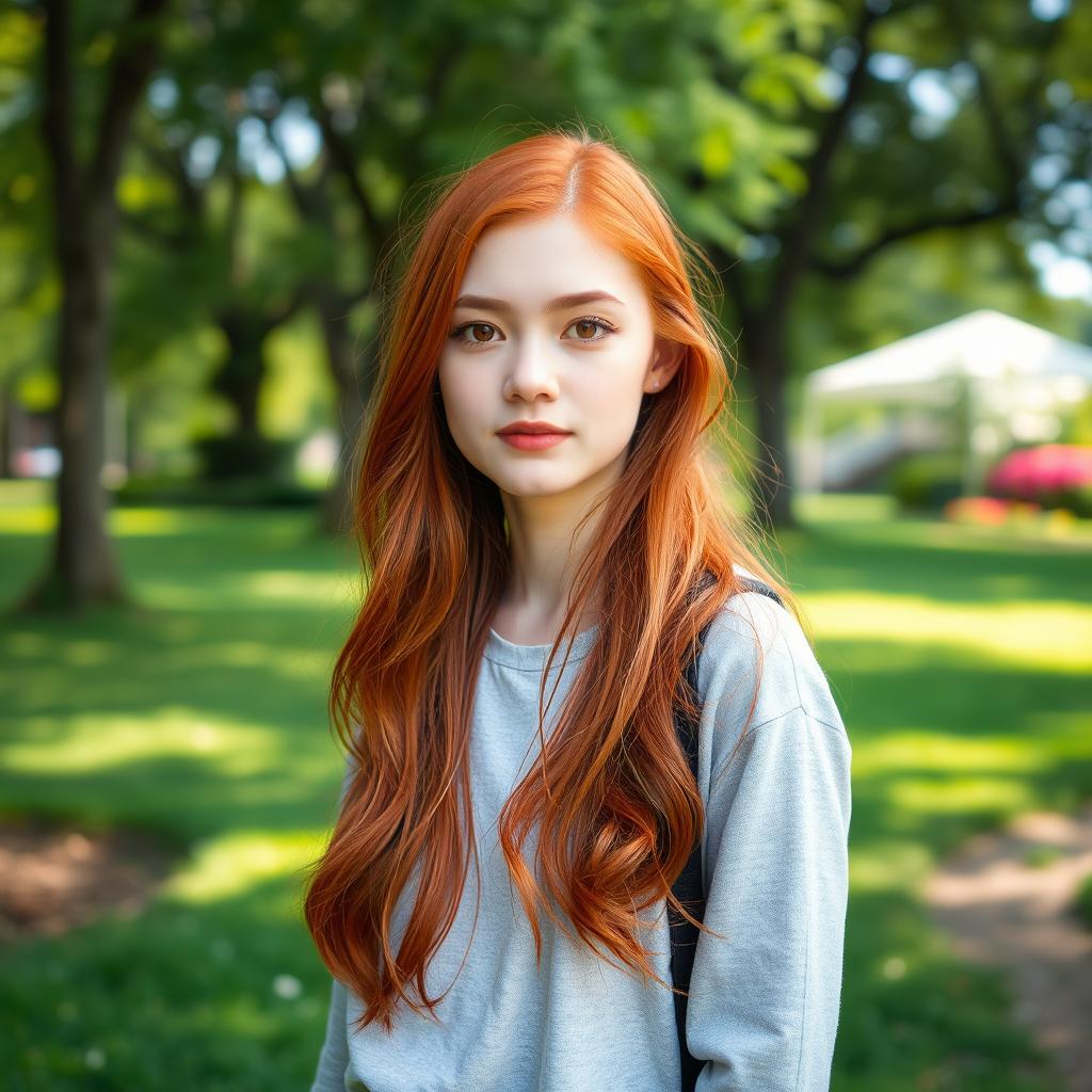 A young red-haired woman with brown eyes, standing alone in a serene environment