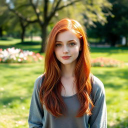 A young red-haired woman with brown eyes, standing alone in a serene environment