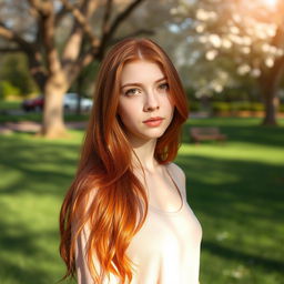 A young red-haired woman with brown eyes, standing alone in a serene environment