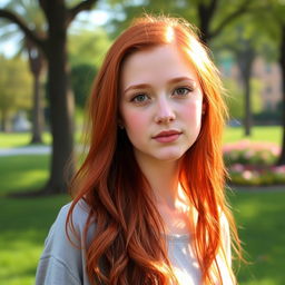 A young red-haired woman with brown eyes, standing alone in a serene environment