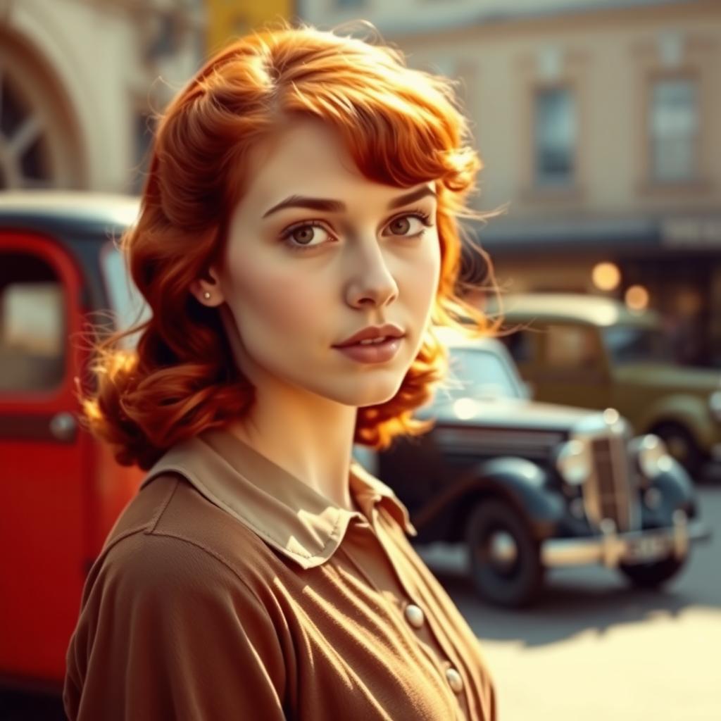 A young red-haired woman with brown eyes, standing alone in a 1940s setting