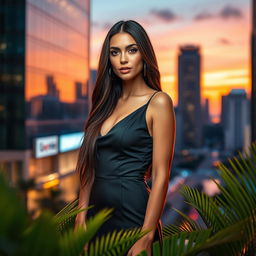 A stunning portrait of a fashionable woman with elegant long hair wearing a stylish dress