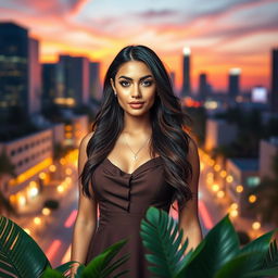 A stunning portrait of a fashionable woman with elegant long hair wearing a stylish dress