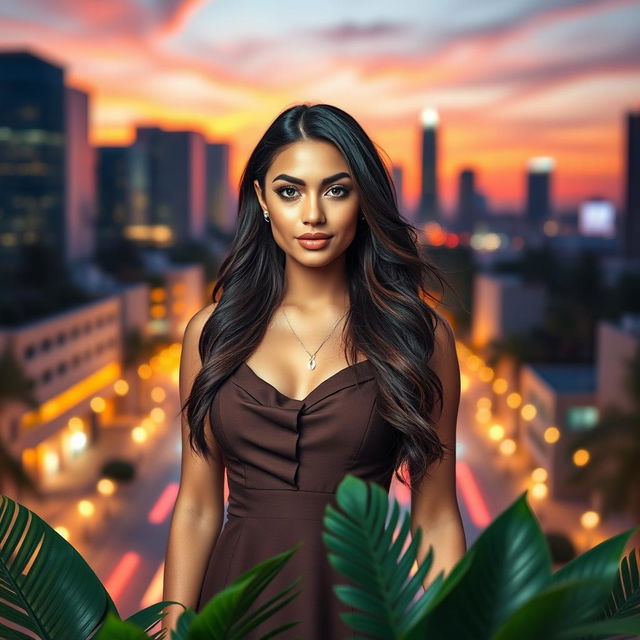 A stunning portrait of a fashionable woman with elegant long hair wearing a stylish dress