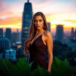 A stunning portrait of a fashionable woman with elegant long hair wearing a stylish dress