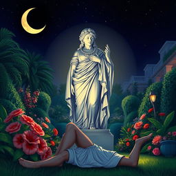 A dramatic illustration depicting a large, elegant garden statue of a Roman goddess, adorned with intricate details and a serene expression, set in the lush garden of a luxury resort at night
