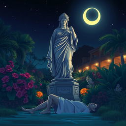 A dramatic illustration depicting a large, elegant garden statue of a Roman goddess, adorned with intricate details and a serene expression, set in the lush garden of a luxury resort at night
