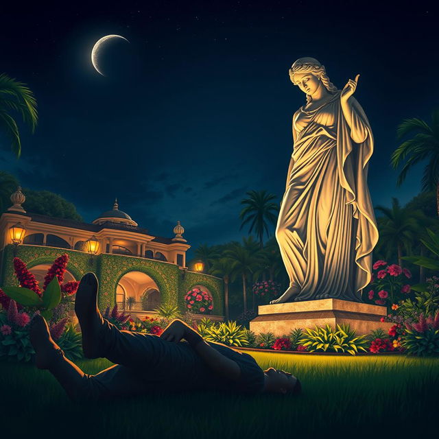 A dramatic illustration depicting a large, elegant garden statue of a Roman goddess, adorned with intricate details and a serene expression, set in the lush garden of a luxury resort at night