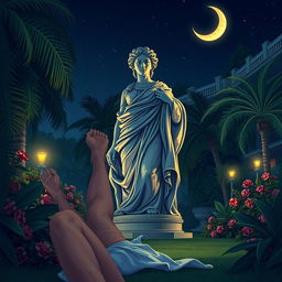 A dramatic illustration depicting a large, elegant garden statue of a Roman goddess, adorned with intricate details and a serene expression, set in the lush garden of a luxury resort at night