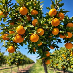 A vibrant orange tree filled with ripe, juicy oranges, standing in a sunny orchard