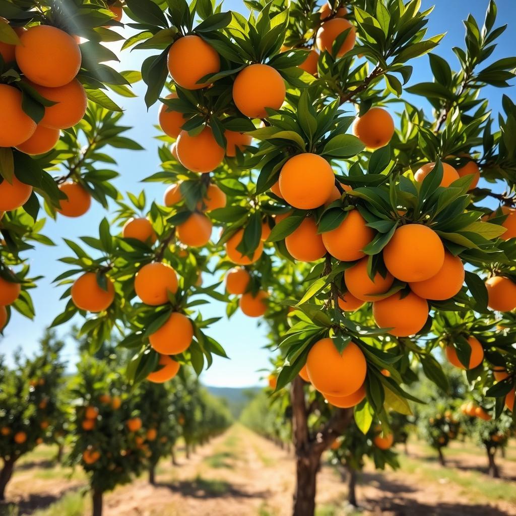 A vibrant orange tree filled with ripe, juicy oranges, standing in a sunny orchard