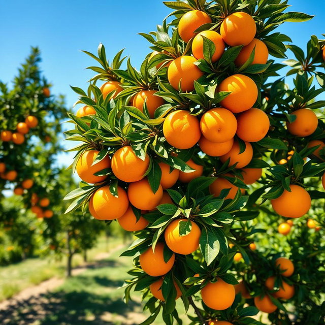 A vibrant orange tree filled with ripe, juicy oranges, standing in a sunny orchard