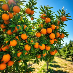 A vibrant orange tree filled with ripe, juicy oranges, standing in a sunny orchard