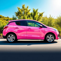 A stunning pink Peugeot Pars car displayed in an artistic setting, showcasing its sleek design and stylish curves