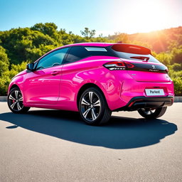A stunning pink Peugeot Pars car displayed in an artistic setting, showcasing its sleek design and stylish curves