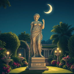 An evocative illustration showcasing a large, exquisitely crafted garden statue of a Roman goddess, intricately detailed and majestic, positioned in the garden of an Italianate luxury resort at night