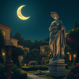 An evocative illustration showcasing a large, exquisitely crafted garden statue of a Roman goddess, intricately detailed and majestic, positioned in the garden of an Italianate luxury resort at night