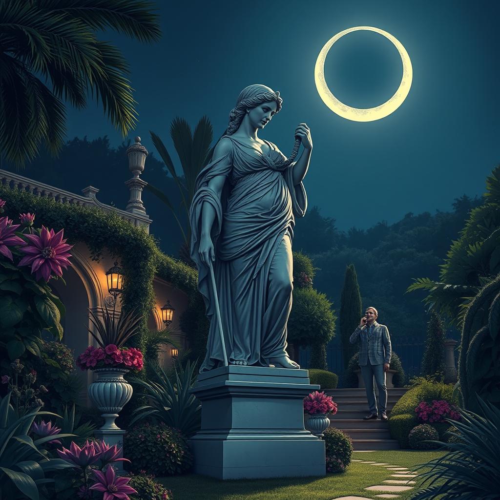 An evocative illustration showcasing a large, exquisitely crafted garden statue of a Roman goddess, intricately detailed and majestic, positioned in the garden of an Italianate luxury resort at night