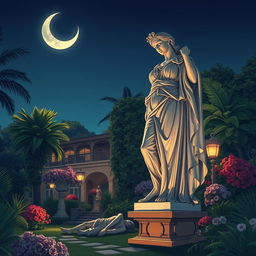 An evocative illustration showcasing a large, exquisitely crafted garden statue of a Roman goddess, intricately detailed and majestic, positioned in the garden of an Italianate luxury resort at night