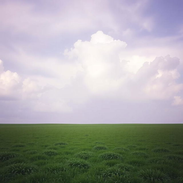 A serene plain area featuring a lush ground covered with short green grass, stretching into the horizon