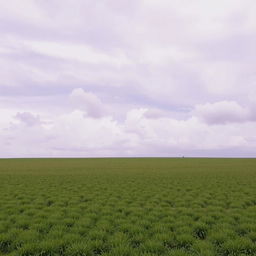 A serene plain area featuring a lush ground covered with short green grass, stretching into the horizon