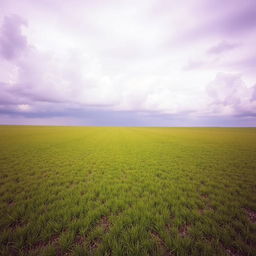 A serene plain area featuring a lush ground covered with short green grass, stretching into the horizon