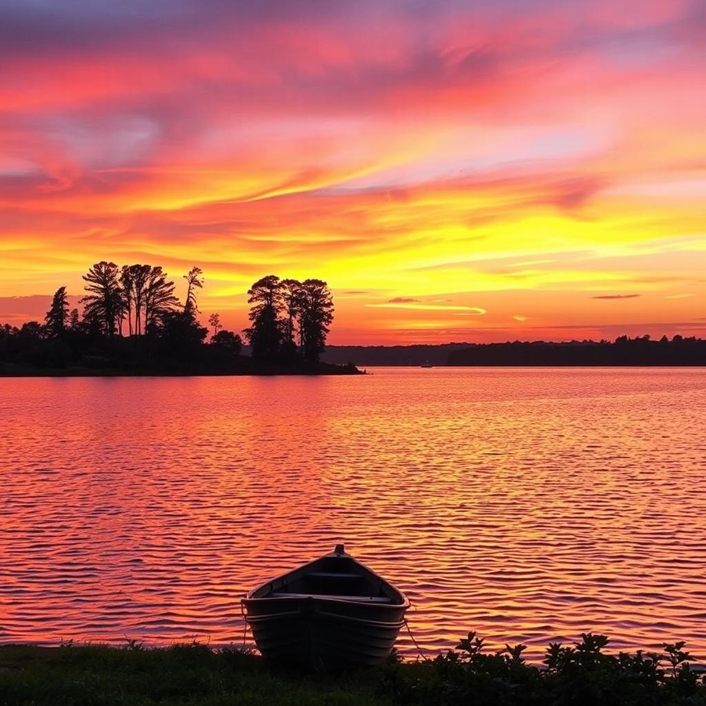 A serene sunset over a tranquil lake, with vibrant colors blending in the sky — rich oranges, pinks, and purples reflecting off the water's surface