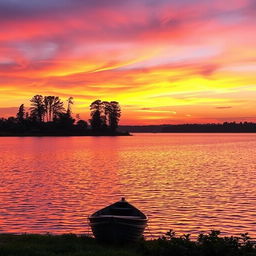 A serene sunset over a tranquil lake, with vibrant colors blending in the sky — rich oranges, pinks, and purples reflecting off the water's surface