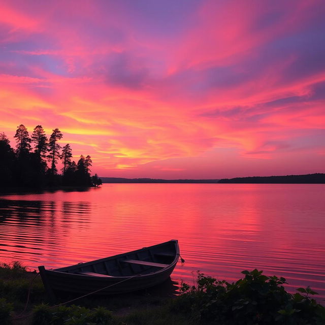 A serene sunset over a tranquil lake, with vibrant colors blending in the sky — rich oranges, pinks, and purples reflecting off the water's surface