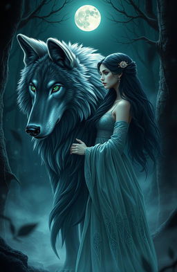 A mystical and intriguing fantasy scene depicting a powerful alpha wolf surrounded by a supernatural aura