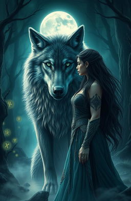 A mystical and intriguing fantasy scene depicting a powerful alpha wolf surrounded by a supernatural aura