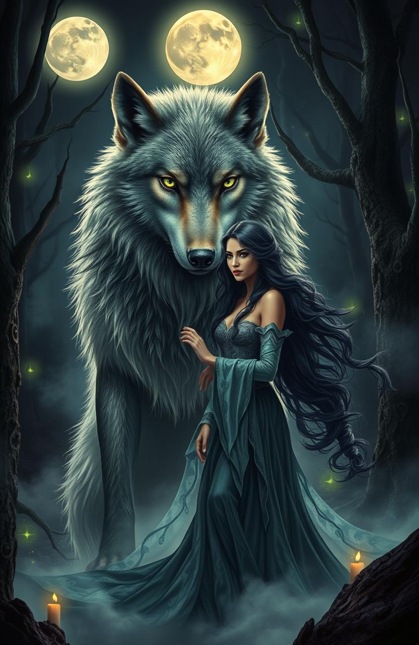 A mystical and intriguing fantasy scene depicting a powerful alpha wolf surrounded by a supernatural aura