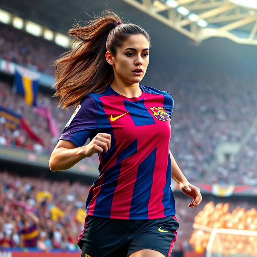 A female soccer player in a mid-action pose, wearing a vibrant FC Barcelona jersey with the team's iconic colors of deep blue and garnet stripes, paired with black shorts