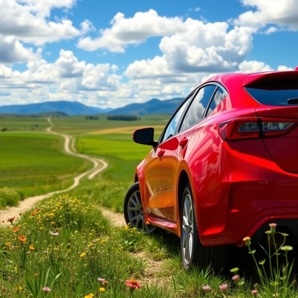 A vibrant red car parked in a picturesque countryside setting, surrounded by lush green fields and blue skies filled with fluffy white clouds