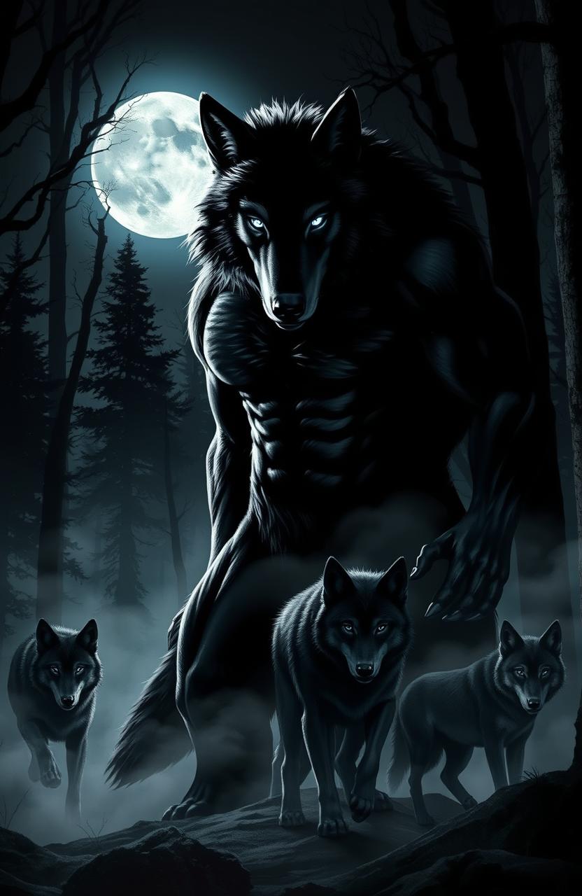 A dark and captivating fantasy scene depicting a powerful alpha wolf, muscular and imposing, standing proudly in the moonlit forest