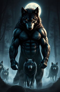 A dark and captivating fantasy scene depicting a powerful alpha wolf, muscular and imposing, standing proudly in the moonlit forest