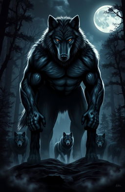 A dark and captivating fantasy scene depicting a powerful alpha wolf, muscular and imposing, standing proudly in the moonlit forest