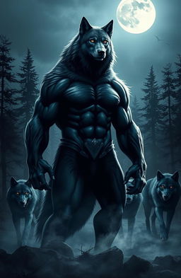 A dark and captivating fantasy scene depicting a powerful alpha wolf, muscular and imposing, standing proudly in the moonlit forest