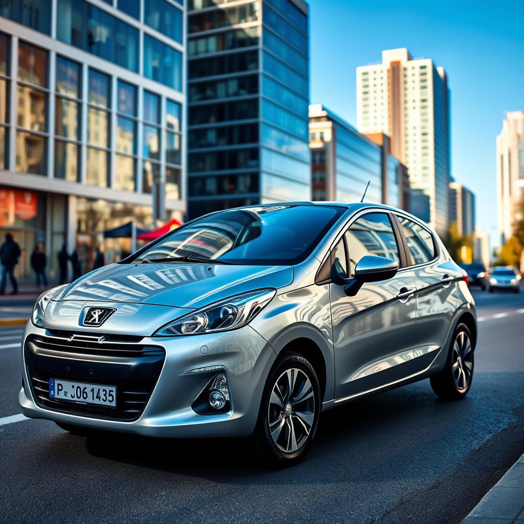 A sleek silver Peugeot Pars parked on a modern city street