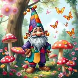 A whimsical gnome jester standing in a lively forest, wearing a colorful patchwork tunic and a pointed hat adorned with bells