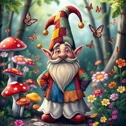 A whimsical gnome jester standing in a lively forest, wearing a colorful patchwork tunic and a pointed hat adorned with bells