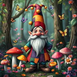 A whimsical gnome jester standing in a lively forest, wearing a colorful patchwork tunic and a pointed hat adorned with bells