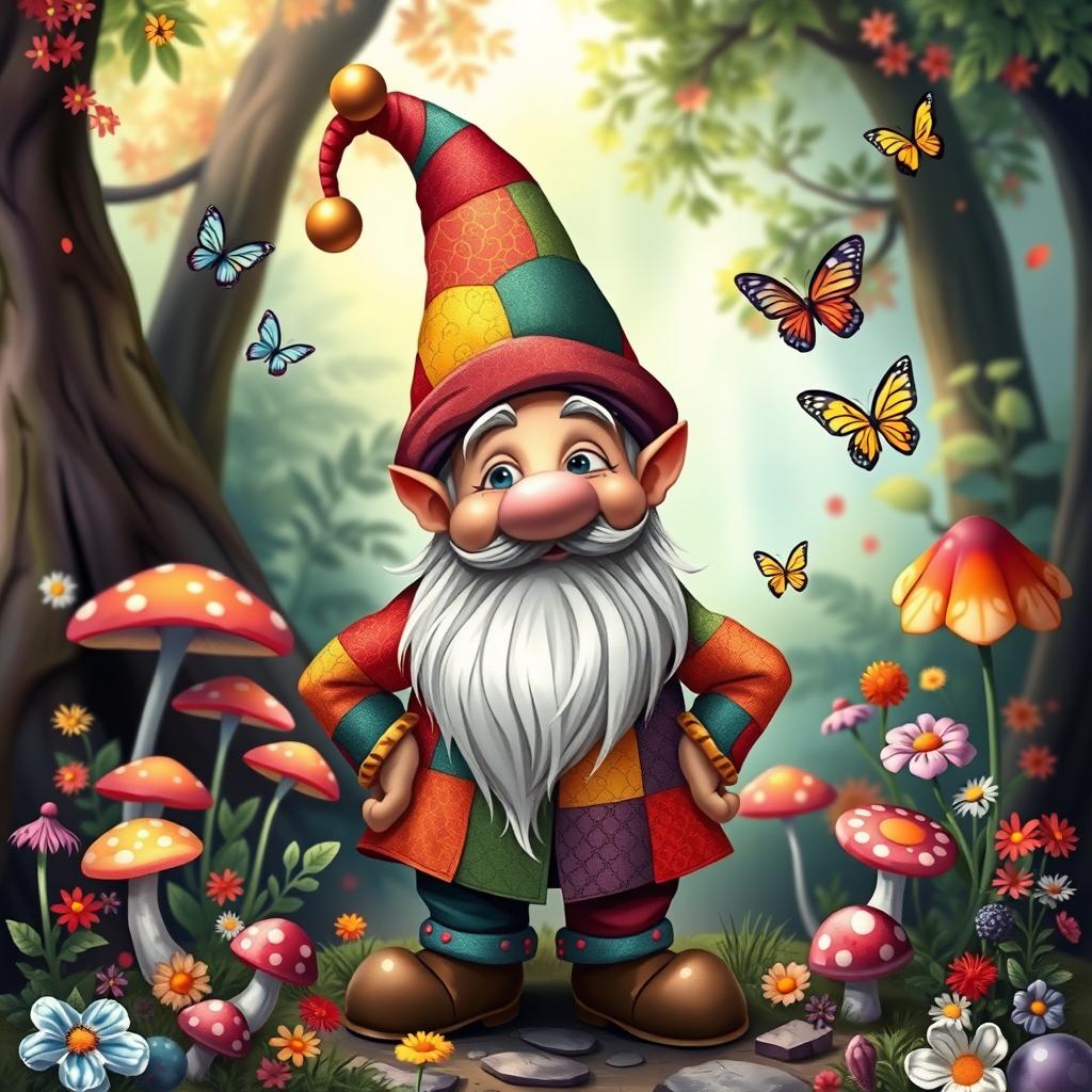 A whimsical gnome jester standing in a lively forest, wearing a colorful patchwork tunic and a pointed hat adorned with bells