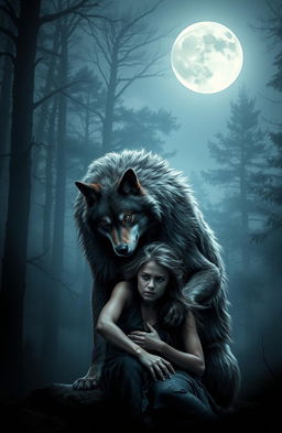 A dynamic and dramatic scene set in a dark forest, where a fierce werewolf alpha, with majestic fur glistening in the moonlight, stands protectively over his partner, who appears both vulnerable and determined