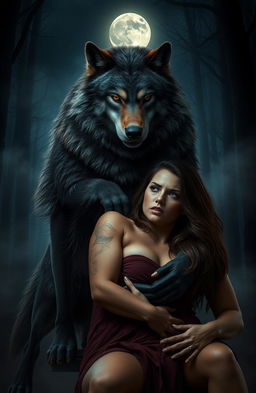 A dynamic and dramatic scene set in a dark forest, where a fierce werewolf alpha, with majestic fur glistening in the moonlight, stands protectively over his partner, who appears both vulnerable and determined