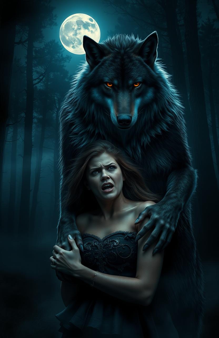 A dynamic and dramatic scene set in a dark forest, where a fierce werewolf alpha, with majestic fur glistening in the moonlight, stands protectively over his partner, who appears both vulnerable and determined