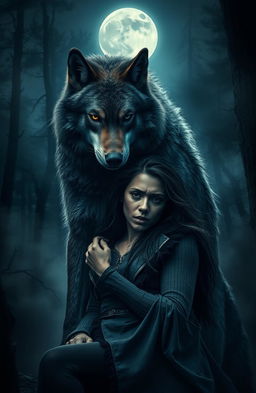A dynamic and dramatic scene set in a dark forest, where a fierce werewolf alpha, with majestic fur glistening in the moonlight, stands protectively over his partner, who appears both vulnerable and determined