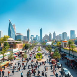 A vibrant and futuristic cityscape of Tehran in the year 2025, featuring modern architecture and green spaces, bustling streets filled with people, colorful market stalls, and advanced technology integrated into everyday life