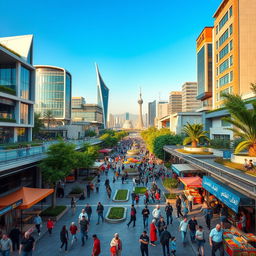 A vibrant and futuristic cityscape of Tehran in the year 2025, featuring modern architecture and green spaces, bustling streets filled with people, colorful market stalls, and advanced technology integrated into everyday life