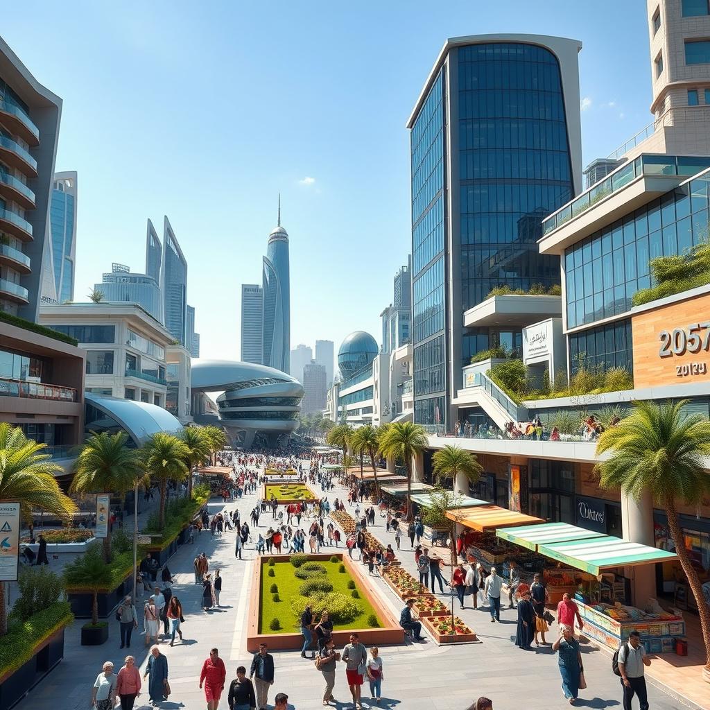 A vibrant and futuristic cityscape of Tehran in the year 2025, featuring modern architecture and green spaces, bustling streets filled with people, colorful market stalls, and advanced technology integrated into everyday life